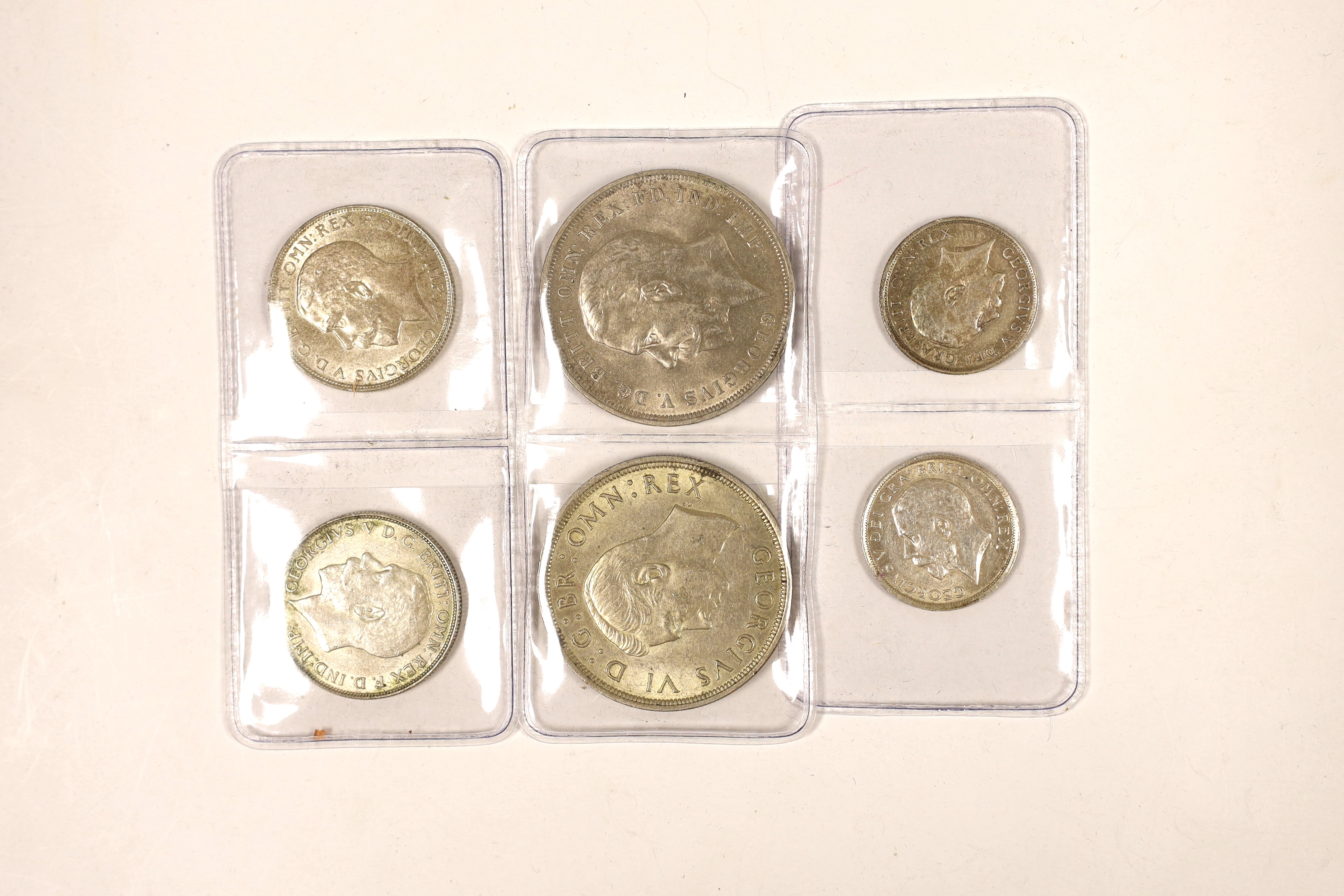 George V silver coins: two Florins, both 1923, good EF and AEF, two crowns 1935 and 1937 and two shillings 1914 and 1917 (6)